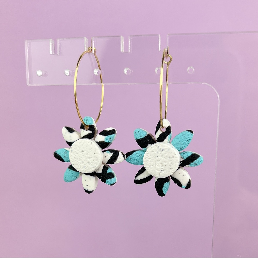 Abstract Flower Handmade Polymer Clay Dangle Hoop Earrings